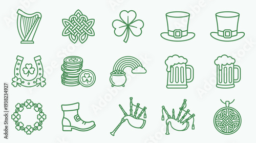 Collection of traditional Irish icons for Saint Patrick's Day celebration featuring symbols like harp, shamrock, and beer, presented in a simple illustration style.