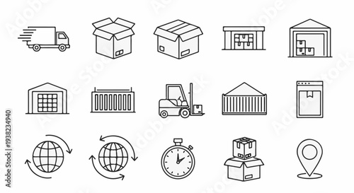 Collection of shipping and logistics icons trucks, boxes, warehouses, containers, forklift, globes, stopwatch, map marker