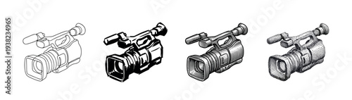 Professional video camera illustration set featuring different artistic styles for media production.