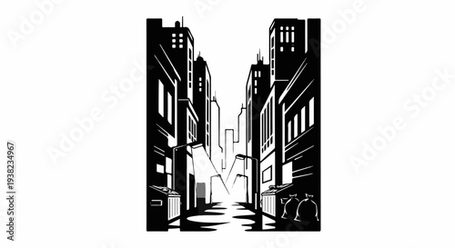 Stylized black and white alley with tall buildings and garbage bins