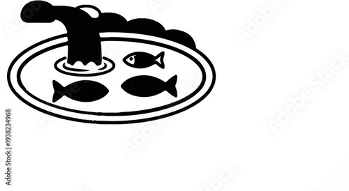 Stylized black and white icon of a serving dish with three fish and a flowing element