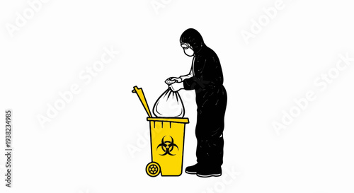 Person in protective suit disposes of waste in biohazard bin