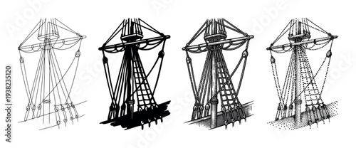 Ship mast rigging illustration set different styles showcasing various artistic techniques for maritime design.