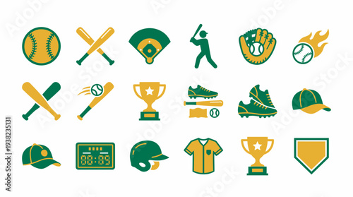 Set of green and gold baseball icons including ball, bat, glove, field, player, trophy, shoes and uniform, concept for sports event promotion, team merchandise design and athletic competition branding