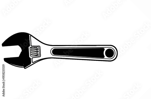 A graphic illustration of a black adjustable wrench on a white background