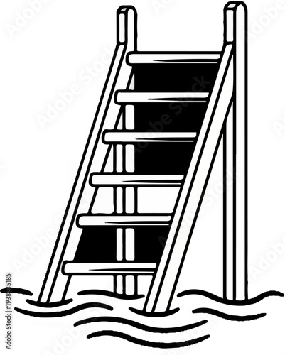 A wooden ladder descends into rippling water, suggesting entry into a pool