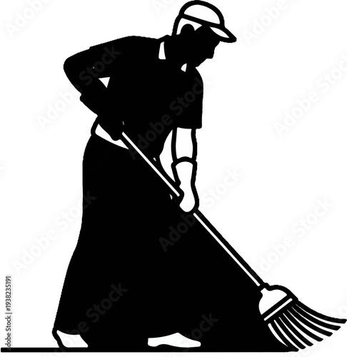 Silhouette of a person wearing a hat and gloves, sweeping the floor with a broom
