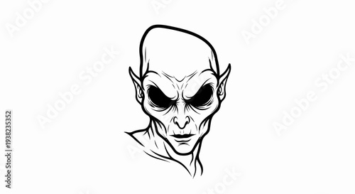 A striking black and white line drawing of a bald, eerie, alien creature's face