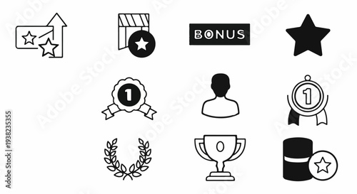 A collection of graphic icons representing achievements, rewards, and user recognition