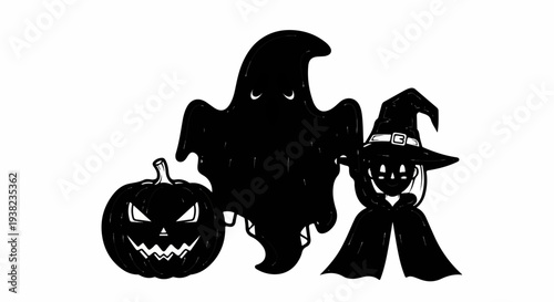 A spooky trio jack-o'-lantern, ghost, and witch create Halloween fun