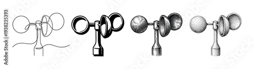 Anemometer wind speed meter instrument weather device depicted in various artistic styles including line art, silhouette, engraving, and stippling.