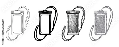 Waterproof phone pouch with lanyard set vector illustration showcasing various artistic styles for outdoor activity protection.