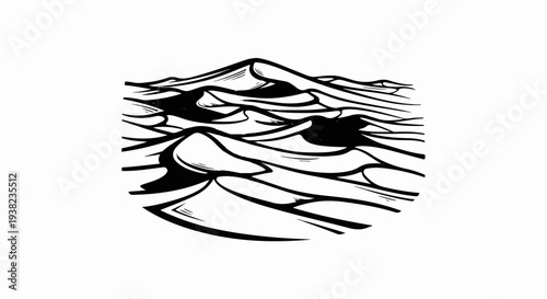 Stylized black and white linework depicting undulating sand dunes under a stark sky