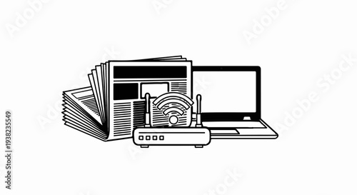 Stack of newspapers, wifi router, and laptop computer