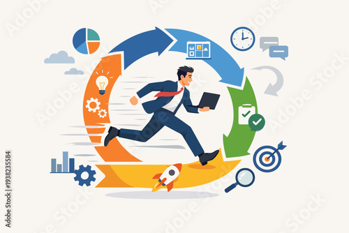 Agile Methodology and Software Development Concept with Businessman Running in Iterative Cycle Process. Business Management, Flexibility, Innovation, Speed, and Productivity Illustration.