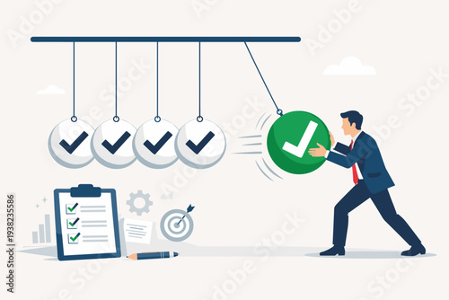 Businessman Pushing a Newton's Cradle with Checkmarks Symbolizing Task Completion, Project Management, and Work Progress. Checklist and Target Icons in the Background for Productivity Concept.