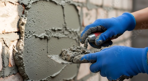 Applying cement mix onto brick wall during construction with blue gloves