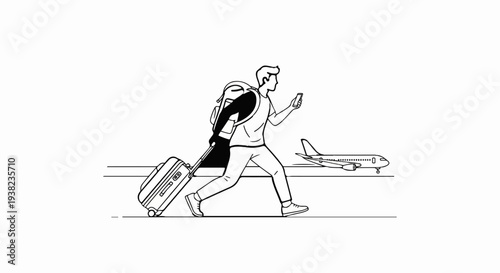 A person with luggage runs on an airport tarmac near an airplane