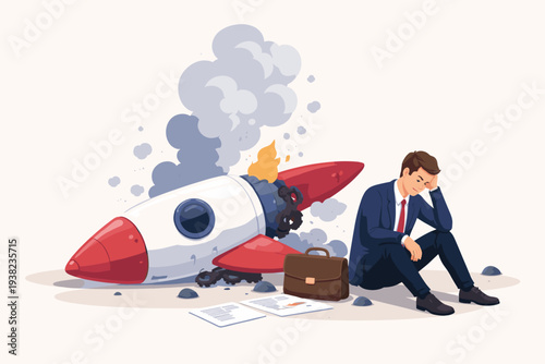 Depressed Businessman Sitting Next to a Crashed Rocket Representing Failed Startup Business Venture, Bankruptcy, Financial Loss, and Entrepreneurial Risk Concept Vector Illustration