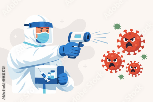 Doctor in full protective hazmat suit fighting COVID-19 coronavirus pandemic with infrared thermometer gun and vaccine box, medical worker in PPE gear battling virus outbreak flat illustration.