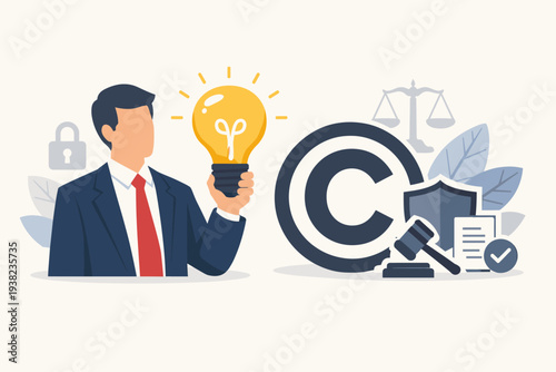 Businessman Holding Glowing Lightbulb Representing Intellectual Property Protection with Copyright Symbol Gavel Shield and Scales of Justice for Legal Rights Patent and Trademark Innovation