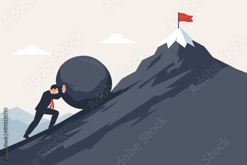 Businessman Pushing a Heavy Boulder Up a Steep Mountain Toward a Red Flag, Concept of Hard Work, Business Challenge, Perseverance, Struggle, Ambition, Obstacle, and the Difficult Path to Success.