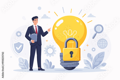 Businessman protecting intellectual property and creative ideas with a padlock on a glowing light bulb. Concept of patent, copyright, trademark, and legal security for innovation and business.