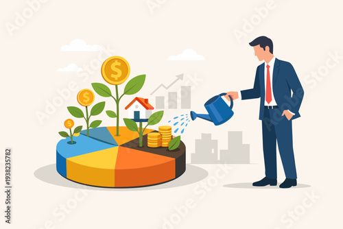 Businessman watering a pie chart with growing money plants and a house, representing investment portfolio asset allocation, wealth management, financial growth, and passive income planning.