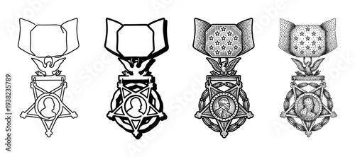 Detailed illustrations of a prestigious military honor medal in multiple artistic styles and textures.
