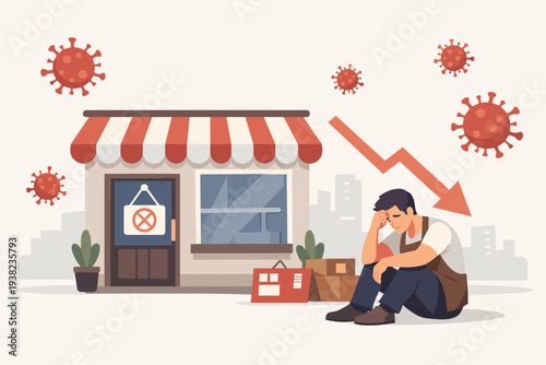 Sad small business owner sitting outside his closed shop due to the coronavirus pandemic impact, showing financial loss, bankruptcy, and economic crisis with a downward arrow and virus icons.