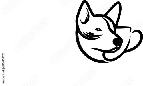 Stylized black outline of a dog's head merged with a coffee cup