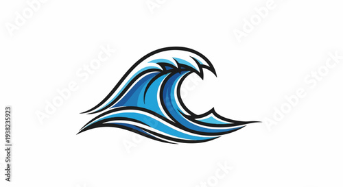 Stylized depiction of a crashing ocean wave in blue and black