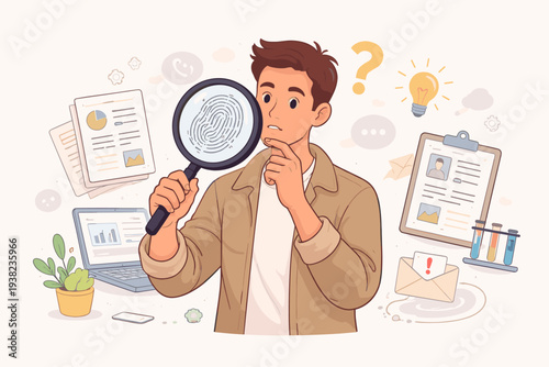 Professional investigator analyzing a fingerprint with a magnifying glass for research and insight. Concept of data analysis, forensic science, problem solving, and evidence gathering vector.