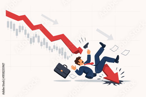 Businessman Falling Down with a Sharp Red Arrow Representing Stock Market Crash and Economic Recession, Financial Crisis, Investment Failure, Price Drop, and Bankruptcy Concept Illustration