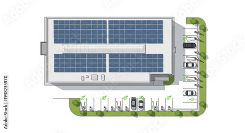 Aerial view of a modern building with solar panels on the roof and electric car charging stations.
