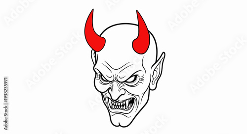A detailed illustration of a demonic face with sharp teeth and red horns