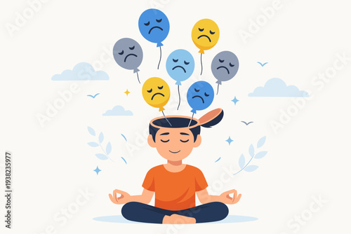 A peaceful person practicing meditation and mindfulness to release negative thoughts and anxiety, represented by sad face balloons floating away from an open mind for mental health and relief.