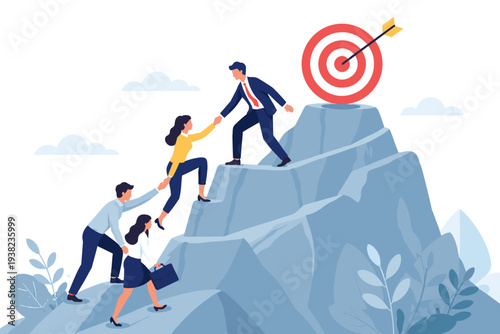 Teamwork, support, and collaboration to achieve business target, cooperation team help each other to success in goal, leadership and partnership concept, climbing mountain to reach aim and vision