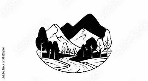Stylized black and white illustration of a winding road leading through a forest toward mountains