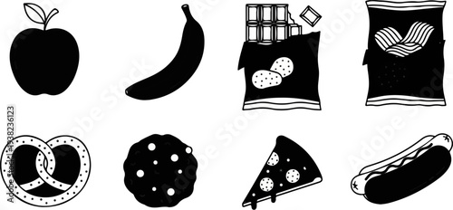 A collection of 8 black and white illustrations of popular food items