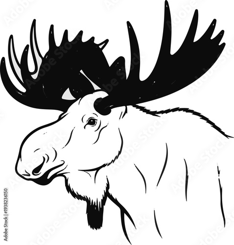 Stylized illustration of a bull moose with large, dark antlers and a white body