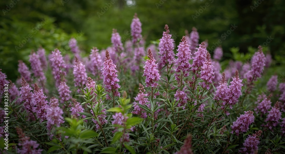 Obraz premium Bright lilac pink heather flowers in a tranquil forest with soft green foliage background