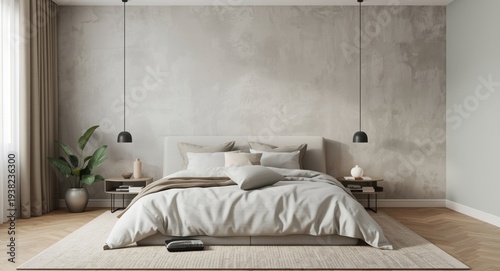 Contemporary bedroom design showcasing a bare wall and soft bed linens