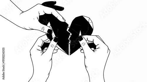 Two hands carefully mend a broken, black, geometric heart shape