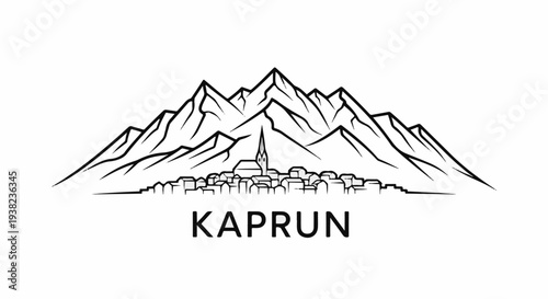 Stylized mountainous landscape with a village and church spire