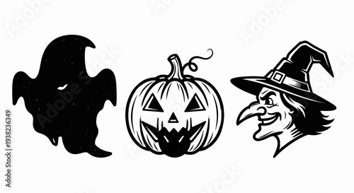 Trio of Halloween icons a spooky ghost, a grinning jack-o'-lantern, and a wicked witch