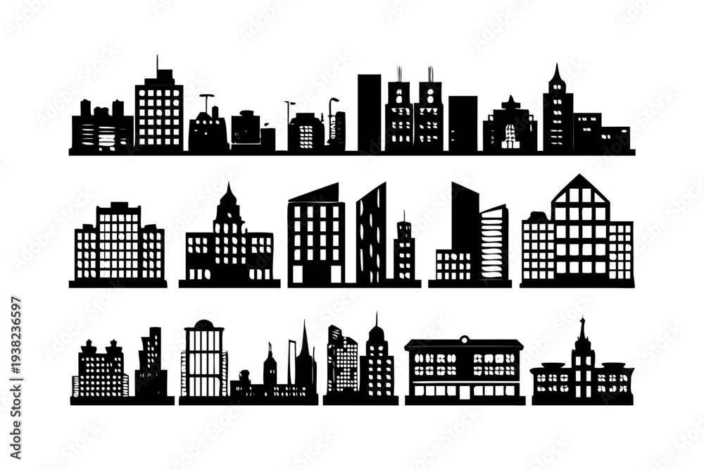 Obraz premium Collection of City Skylines and Buildings Silhouettes.