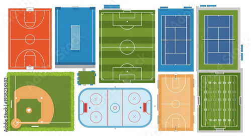Collection of Various Sports Fields and Courts Top View.