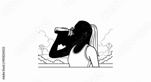 Silhouette of a woman drinking from a water bottle outdoors