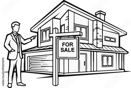 Person in suit points to house with "For Sale" sign